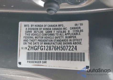 2006 Honda Civic Ex из США, поврежденный, VIN 2HGFG12876H507224